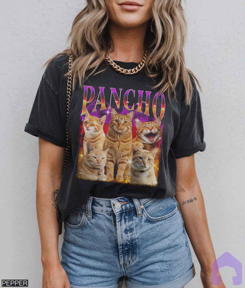 May include: Dark gray t-shirt featuring a graphic of five orange tabby cats with the word "PANCHO" in a colorful, retro font. The cats are arranged in a row, with one cat smiling.