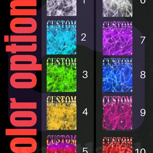 May include: A graphic showcasing ten color options with a lightning bolt design. Each option features the word "CUSTOM" in a silver font. The color choices include white, blue, green, yellow, red, purple, and combinations of these colors.