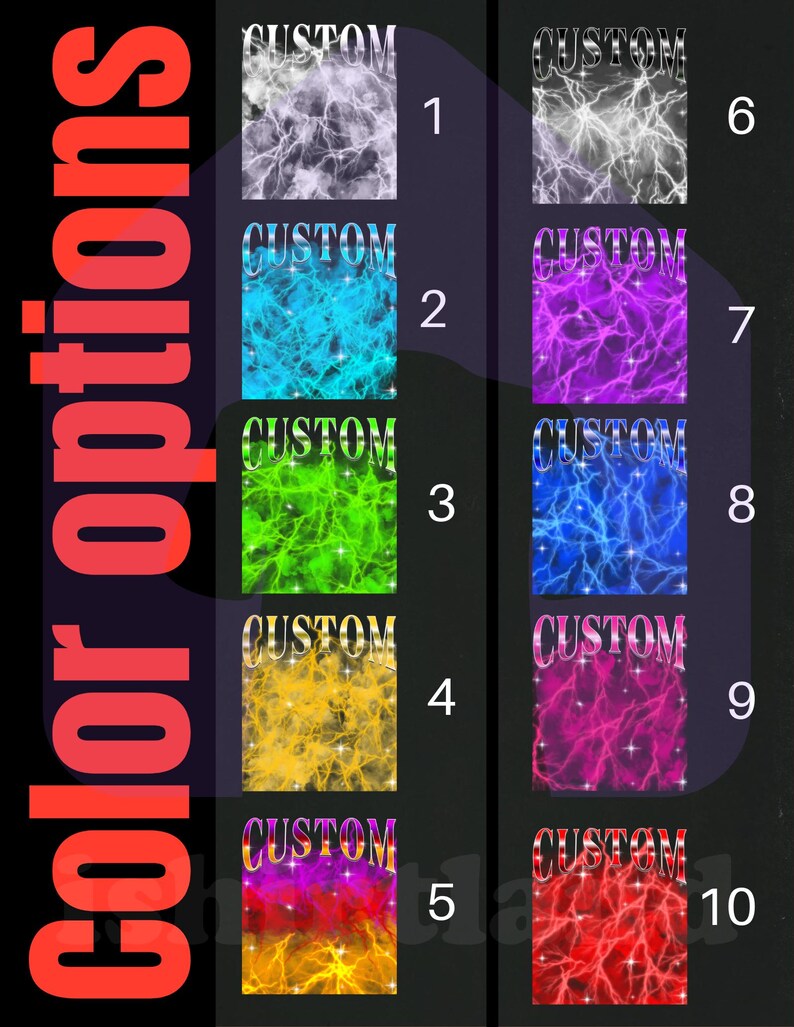 May include: A graphic showcasing ten color options with a lightning bolt design. Each option features the word "CUSTOM" in a silver font. The color choices include white, blue, green, yellow, red, purple, and combinations of these colors.