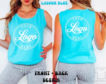 May include: A light blue sleeveless tank top with a white circle on the front and back that says "Your Logo Here".