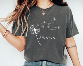 Custom Mama Dandelion Shirt with Kids Name, Mother's Day Gift, Personalized Mom T-shirt, Shirt with Childrens Names, Boho Wildflowers Tshirt