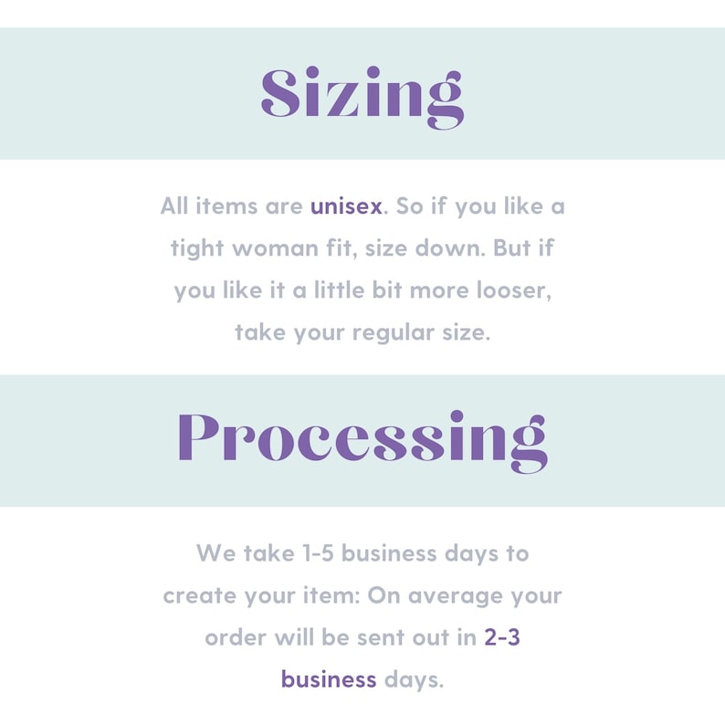 May include: Sizing information for unisex clothing. All items are unisex. If you prefer a tighter fit, size down. If you prefer a looser fit, order your regular size. Processing time is 1-5 business days, with an average of 2-3 business days.
