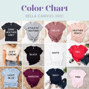 Puede incluir: Carta de colores que muestra camisetas Bella Canvas 3001 en varios colores, incluyendo gris jaspeado oscuro, jaspeado atl&eacute;tico, malva, melocot&oacute;n jaspeado, crema suave, negro, blanco, rojo, azul claro, granate, azul marino y rosa.