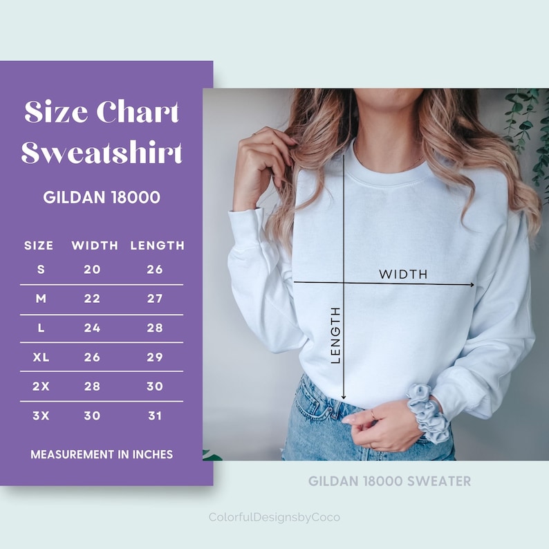 May include: Size chart for a Gildan 18000 sweatshirt, showing width and length measurements in inches for sizes S, M, L, XL, 2X, and 3X. The chart is on a purple background with white text. A white sweatshirt is shown on a model, with the width and length measurements marked.