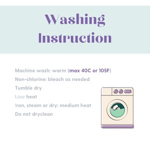 May include: Washing instructions for a garment: Machine wash warm (max 40C or 105F), non-chlorine bleach as needed, tumble dry low heat, iron, steam or dry medium heat, do not dry clean. Illustration of a washing machine.