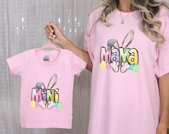 Mama Mini Bunny Shirt, Mama Mini Love Tee, Easter Family Matching Shirts, Easter Bunny Ears Gift, Watercolor Easter Eggs Pullover