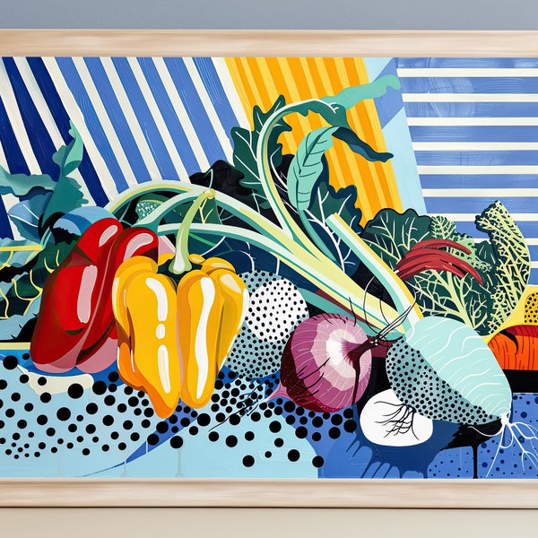 Fresh vegetables, abstract art, bold colors, digital download, digital print, vintage style, kitchen decor, home decor, pop art