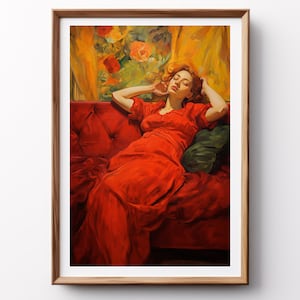 May include: A painting of a woman in a red dress lying on a red velvet couch. The couch is in a room with yellow walls and a floral pattern.