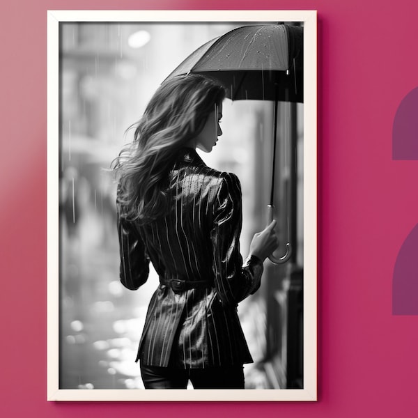 Model in the rain, fashion photo, 60s in Paris, fashion poster, decoration for fashion shop, under the umbrella, gift idea
