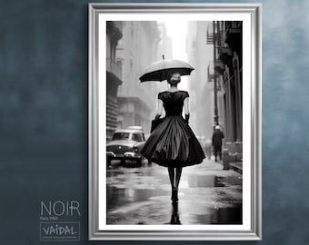 Model im Regen, Fashion Foto, 60er Jahre in Paris, Modeplakat, Dekoration für Fashion Shop, unter dem Regenschirm, Geschenkidee