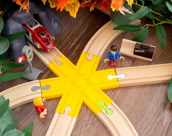 6-Ways Star Wooden Train Track Intersection, Compatible with Brio, IKEA Trains