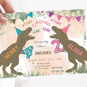 Bruder Schwester Geburtstag bash Dinosaurier laden Personalisierte bearbeitbare Geschwister Party Einladung Dinosaurier Themen laden vier zwei t-rex Vorlage ein