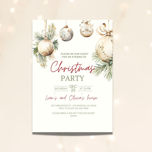 Editable Christmas party invitation, Neutral cozy holiday party template with baubles, Personalized Instant Digital Download file