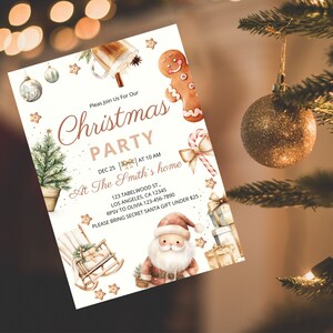 クリスマスパーティー招待状、印刷可能で編集可能なニュートラルパステルカラーのホリデーパーティーテンプレート、カスタマイズ可能なインスタントデジタルダウンロードファイル