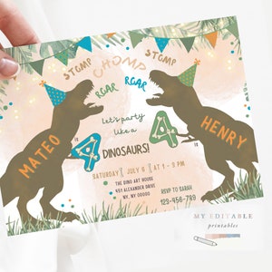 Invitation personnalisée modifiable de fête d'anniversaire de frères et sœurs Dinosaure Twins Party Dino T-Rex de quatre ans décoration Modèle modifiable de fête commune