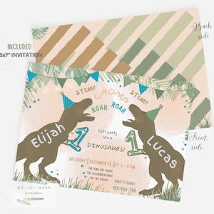 Frères et sœurs Birthday Party Invitation EDITABLE Dinosaur Twins Party Dino un an T-Rex décoration Joint Party modèle modifiable