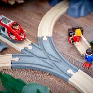 Può includere: Un set di trenini giocattolo in legno con un treno rosso e grigio, un segnale e figure in miniatura. Il treno è su un binario di legno chiaro con uno scambio grigio. Le figure includono un conduttore e passeggeri.