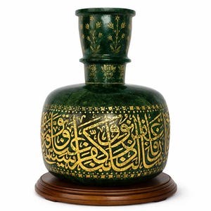 Rara vasija islámica de piedra de jade grabada a mano con versículos del Corán.