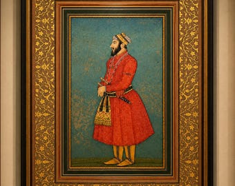 Islamische handgemachte Mughal natürliche Mineral Farbe Miniatur Gemälde auf Papier wasli anhängern Prinz Shah Shuja, vom Künstler signiert