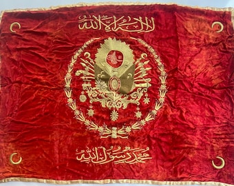 Rare Islamic ottoman handembroided textile flag or banner with sultant e osmania coat of arms