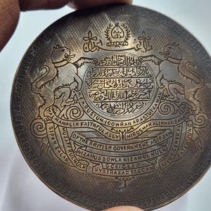 Islamic Brass hand-engraved Hyderabad princely state coat of arms badge .