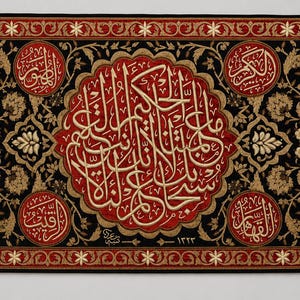 Op de afbeelding: Een rechthoekige wandhanger met ingewikkelde Arabische kalligrafie in wit op een rood centraal medaillon, omringd door tien kleinere rode ronde medaillons met schrift, tegen een zwarte achtergrond met gouden bloemmotieven.