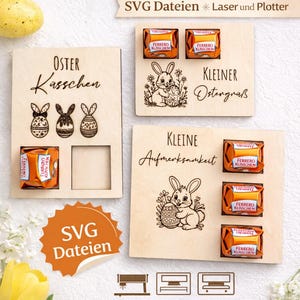 Könnte beinhalten: Ostergeschenkboxen aus Holz mit lasergeschnittenen Hasen- und Ei-Designs. Die Boxen enthalten Schokoladenbonbons. Text enthält "Oster Kässchen", "Kleiner Ostergruß" und "Kleine Aufmerksamkeit".