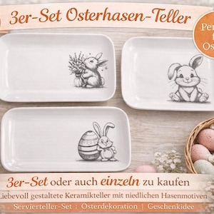 Könnte beinhalten: Ein Set aus drei weißen, rechteckigen Keramikplatten mit Osterhasen-Illustrationen. Jede Platte zeigt ein anderes Hasen-Design in Schwarz-Weiß. Das Bild enthält Text auf Deutsch.