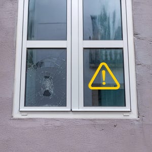 Op de afbeelding: Een wit omkaderd raam met twee ruiten. Eén ruit is verbrijzeld en vertoont een spinnenwebpatroon van scheuren. De andere ruit heeft een geel waarschuwingsbord. Het raam is geplaatst in een grijze muur.