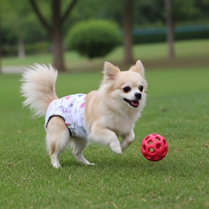 May include: A small, light-colored dog wearing a patterned diaper runs across a green lawn towards a red ball. The dog has a fluffy tail and is smiling with its tongue out. The ball is round with holes.