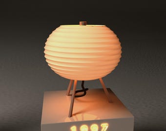 May include: A spherical, cream-colored lamp with a ribbed design, resting on a wooden tripod base. The lamp is illuminated, casting a warm glow. The base has the year "1997" lit up in a warm color.