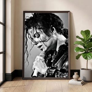 May include: Black and white framed print of a singer performing with a microphone. The singer is wearing a sequined jacket and has wet hair. The print is displayed in a room with a window and a potted plant.