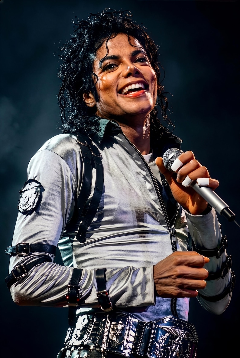 May include: A person wearing a silver jacket with black straps and a decorative belt, holding a microphone. The jacket has a zipper and a patch on the left sleeve. The person is smiling.