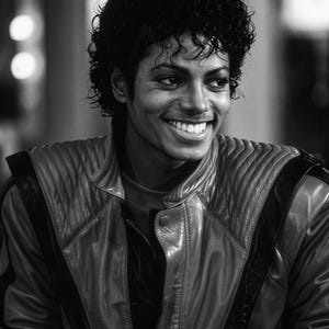 May include: Black and white portrait of a smiling person with curly hair. The person is wearing a leather jacket with black accents. The image is a medium shot, focusing on the upper body and face.