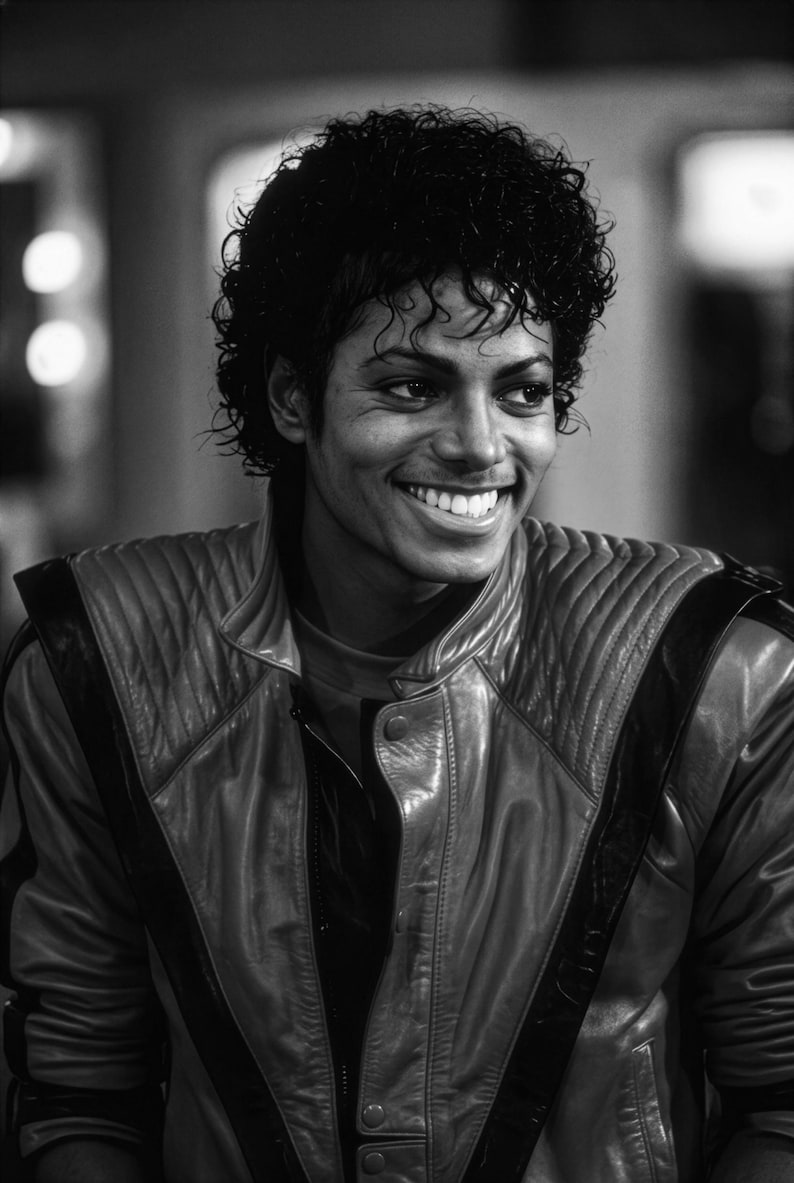 May include: Black and white portrait of a smiling person with curly hair. The person is wearing a leather jacket with black accents. The image is a medium shot, focusing on the upper body and face.