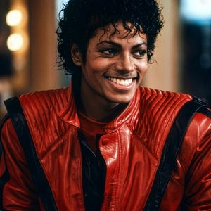 May include: A portrait of a smiling person wearing a red leather jacket with black stripes. The jacket has a quilted design on the shoulders and upper arms. The person has dark curly hair and is looking to the side.