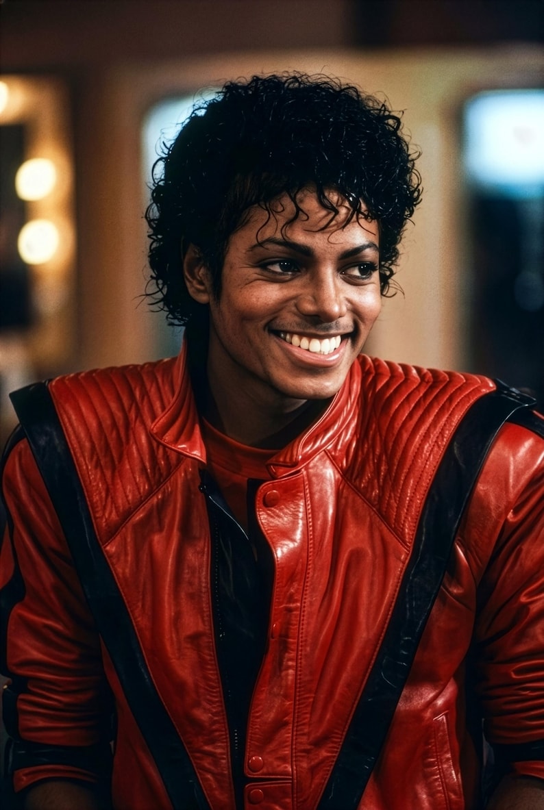 May include: A portrait of a smiling person wearing a red leather jacket with black stripes. The jacket has a quilted design on the shoulders and upper arms. The person has dark curly hair and is looking to the side.