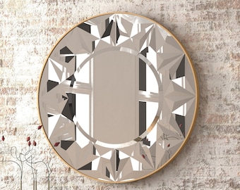 Sunburst Style Vanity Mirror for Boho Homes - Round Gold Wood Frame, Bohemian Style Large Round Wood Frame Wall Mirror for Chic Living Rooms