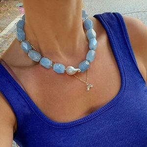 Blue Quartz Necklace, Gemstone Necklace, Pearl Necklace, Elegant Handmade Jewelry, Gift for Her, Christmas Gift, Valentine Gift,Gift for Mom
