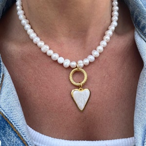 Pearl Heart Necklace, Pearl Necklace, Enamel Necklace, Statement Necklace, Wedding Necklace, Bridesmaid Necklace, Christmas Gift