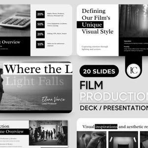 Film pitch deck template for indie filmmakers — cinematic dark Canva presentation