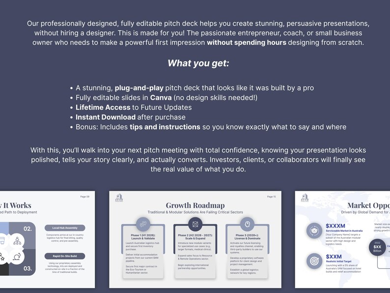 What you get page for the startup pitch deck, white text on slate blue: a short intro aimed at entrepreneurs, coaches and small business owners, bullets on plug and play slides that need no design skills, lifetime updates and speaking tips, then three slides along the bottom, how it works, a three phase growth roadmap and a market opportunity page.