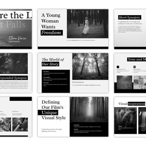 Before and after: blank Canva template versus completed indie film pitch deck