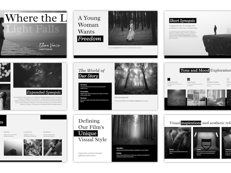 Before and after: blank Canva template versus completed indie film pitch deck