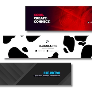 Könnte beinhalten: Drei Visitenkarten-Designs. Die oberste Karte hat den Text "CODE. CREATE. CONNECT." auf einem roten und schwarzen Hintergrund. Die mittlere Karte hat einen weißen Hintergrund mit schwarzen abstrakten Formen und dem Text "ELLIS CLARKE ARCHITECT DESIGNER". Die untere Karte ist dunkelgrau mit dem Text "BLAIR ANDERSON MECHANICAL ENGINEER | SYSTEM THINKER".