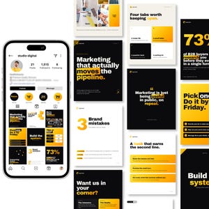 Op de afbeelding: Een smartphone die een Instagram-profiel voor digitale marketing weergeeft naast verschillende grafische ontwerpsjablonen met een zwart en geel kleurenschema, vette typografie en marketinggerichte tekstinhoud voor bedrijfsstrategie.