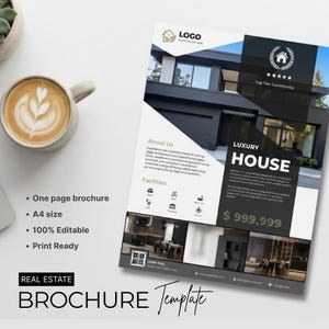 May include: A real estate brochure template with a modern house image, the text "LUXURY HOUSE", and a price of $999,999. The brochure is A4 size, one page, 100% editable, and print-ready. A cup of coffee is in the upper left corner.