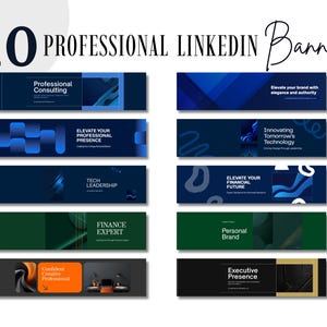 Könnte beinhalten: Eine Sammlung von 10 digitalen LinkedIn-Bannern mit verschiedenen professionellen Themen. Die Designs umfassen dunkelblaue, grüne und schwarze Hintergründe mit abstrakten Formen, Verläufen und Texten wie Professional Consulting, Tech Leadership und Executive Presence.