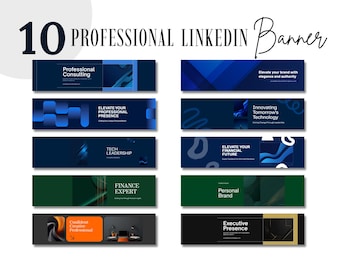 May include: A collection of 10 digital LinkedIn banners featuring various professional themes. The designs include dark blue, green, and black backgrounds with abstract shapes, gradients, and text such as Professional Consulting, Tech Leadership, and Executive Presence.