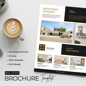 May include: A real estate brochure template for an apartment for rent, featuring a gold and black color scheme, property photos, a QR code, and contact details. The document includes sections for bedroom, living room, and bathroom descriptions.